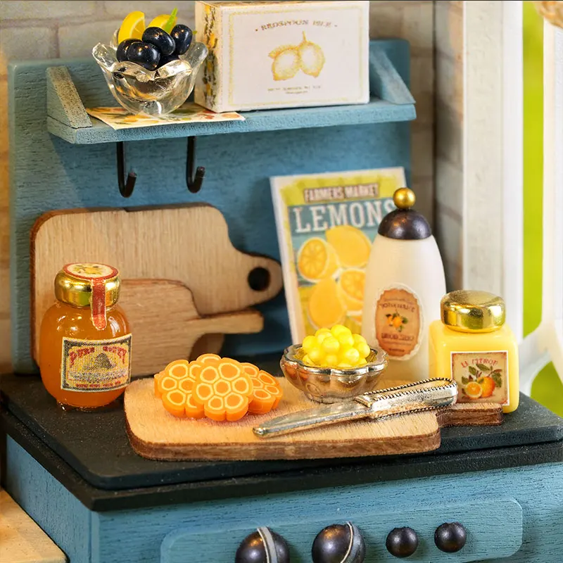 DIY Miniature House Kit Pastoral Lemon Kitchen Cottage Wooden Handmade Assembled Dollhouse With LED Light Creative D