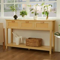 Rattan Console Table, Boho Entryway Table with Storage, Narrow Long Sofa Table with Open Shelf 1
