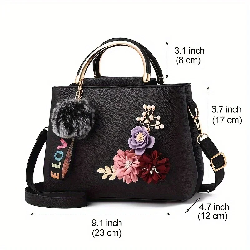 Chic 3D Flower Decor Tote Bag, Stylish Leather Single Crossbody Bags for Women's Handbag Shoulder Bag, Small Top Handle Purse