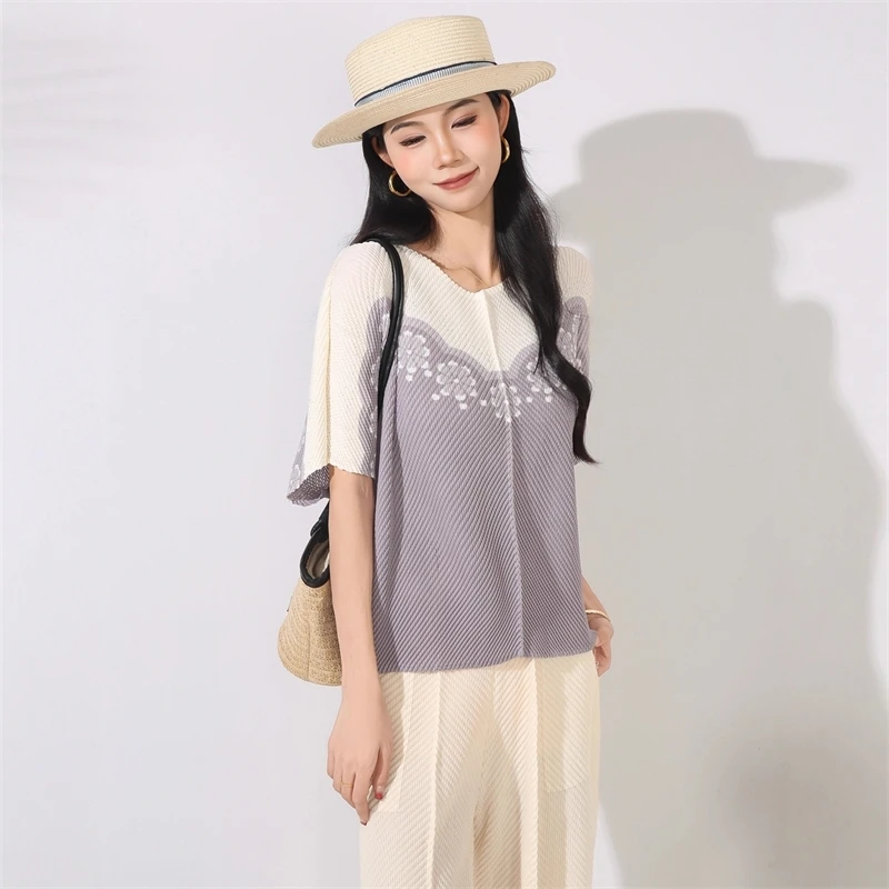 LANMREM Colorblock Printting Pleated Loose Women's T-Shirt Round Neck Casual Versatile Short Sleeve Elastic Pullover Top 2DB4506 - Image 5