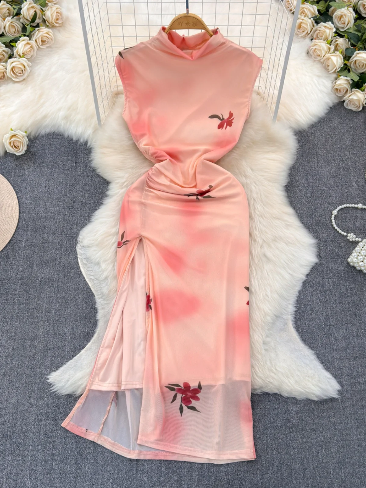 

Foamlina Pink Floral Print Summer Dress Women Elegant Stand Collor Sleeveless Slim Ruched High Split Long Evening Party Dresses