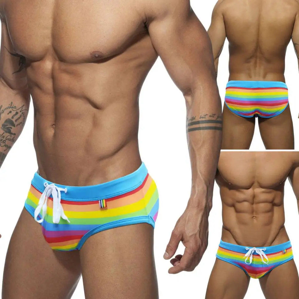 Swimming Trunks Shorts Men With U-convex Cup Men Rainbow Striped Print Drawstring Surf Briefs Beachwear Triangle Swimming Trunks