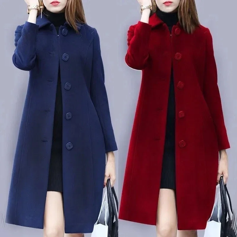 

TPJB Fashion Woolen Coat Women's Mid-length British Style Spring New Solid Color Buttoned Temperament Slim-fit Woolen Coat Women