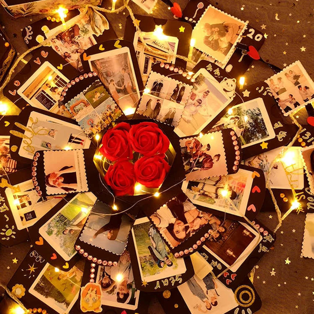 Explosive Surprise Box with Photo Album Handmade 6 Faces Explosion Gift Box Creative for Valentine Day Wedding Proposal
