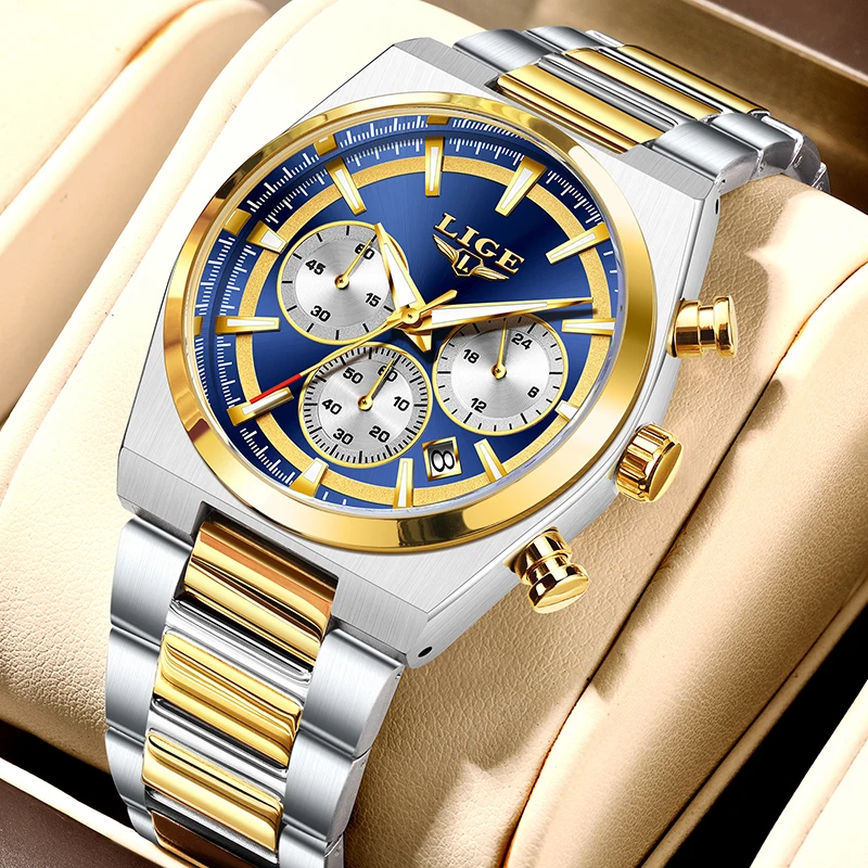 LIGE Men's Waterproof Luminous Quartz Chronograph Sport Watch with Gift Box