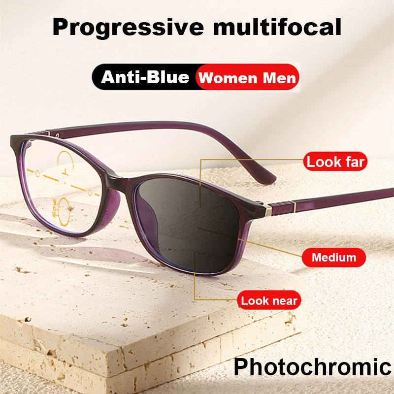 

New Automatic Adjustment Progressive Photochromic Reading Glasses Men TR90 Anti-Blue Light Multifocal Women Hyperopia Eyeglasses