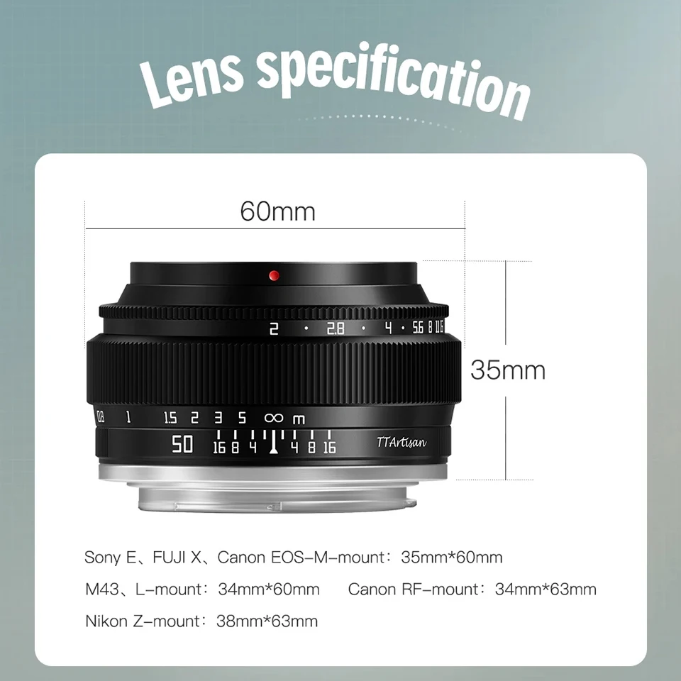 TTArtisan 50mm F2 풀프레임 대구경 수동 초점 인물 사진 렌즈 ( A7S, 후지 X-A1, X-T10, 캐논 M5, 니콘 Z50 호환)