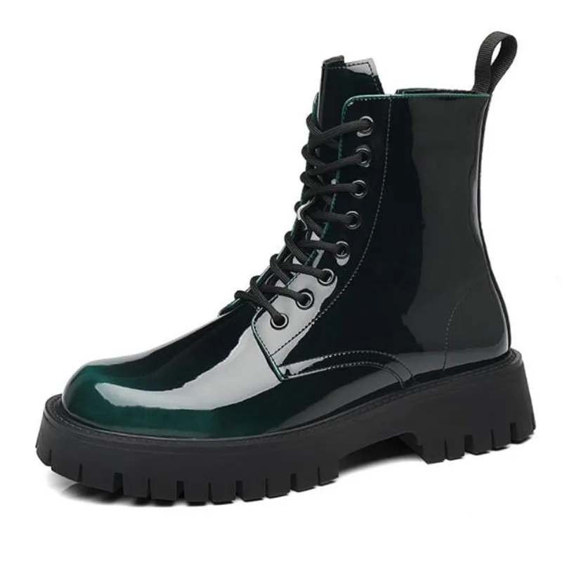 

Men Patent Leather Party Dress Ankle Boots Male Platform Motorcycle Boots Fashion Casual Streetwear Lace Up Chelsea Short Boots