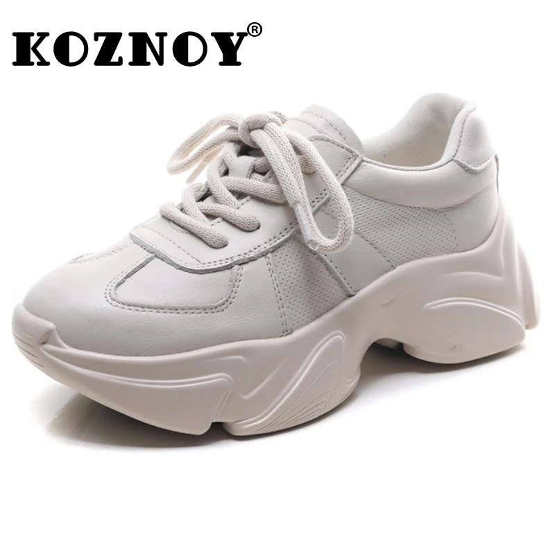 

Koznoy 5cm Air Mesh Cow Genuine Leather Summer Spring Vulcanize Ankle Boots Autumn Breathable Women Comfy Chunky Sneaker Shoes