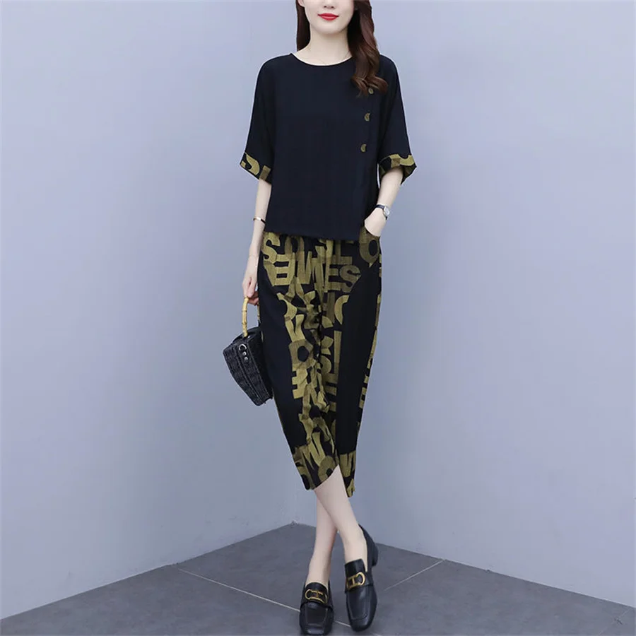 

2022 Summer New Women Fashion Elegant Suit Short Sleeve Top + High-waist Seven Points Pants Printing Two Pieces Set L-5XL