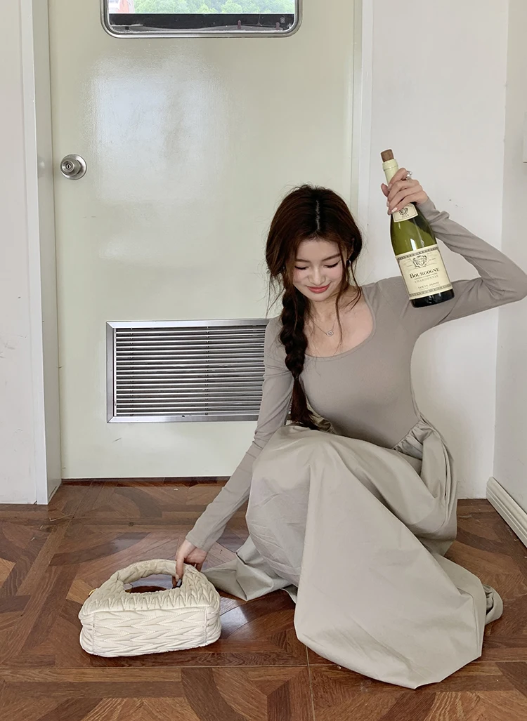 Casual Knitted Midi Dresses for Women Solid Long Sleeves Square Collar A-line Autumn New Elegant Dress Female Slim Vestidos