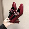 2025 Spring Autumn Women Double Buckle  Shoes Leather Square Head Square Heel Solid Color Women's Shoes 1