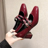 2025 Spring Autumn Women Double Buckle  Shoes Leather Square Head Square Heel Solid Color Women's Shoes 1