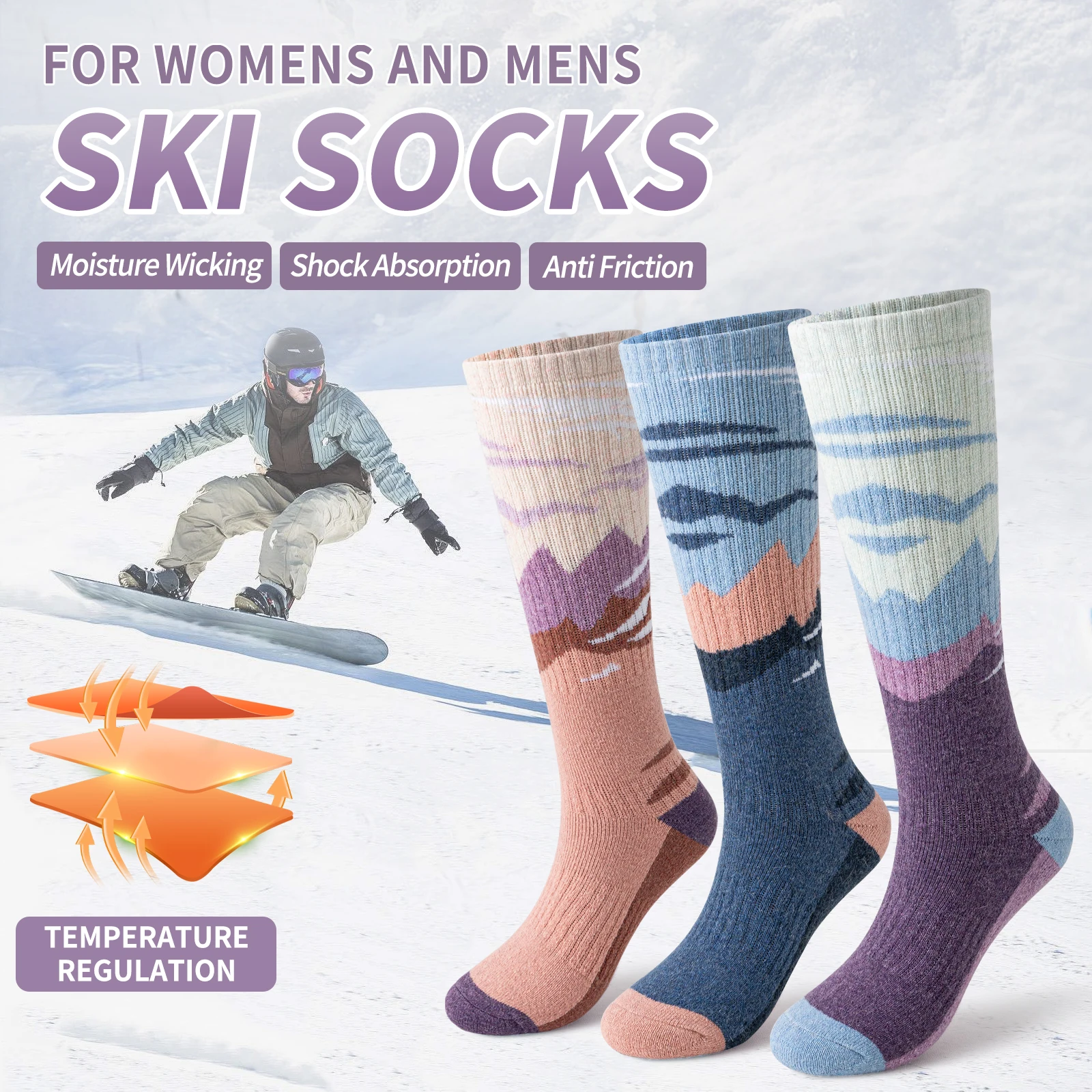 3 Pairs of Merino Wool Ski Socks for Women and Men, Warm Winter Knee High Socks, Ski Board Socks, Comfortable Outdoor Socks
