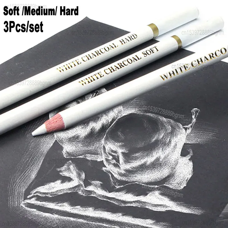 3Pcs Set Art Sketch White Charcoal Pencil Soft Medium Hard 4mm Lead Core Round Handle For Drawing Highlight Details Processing