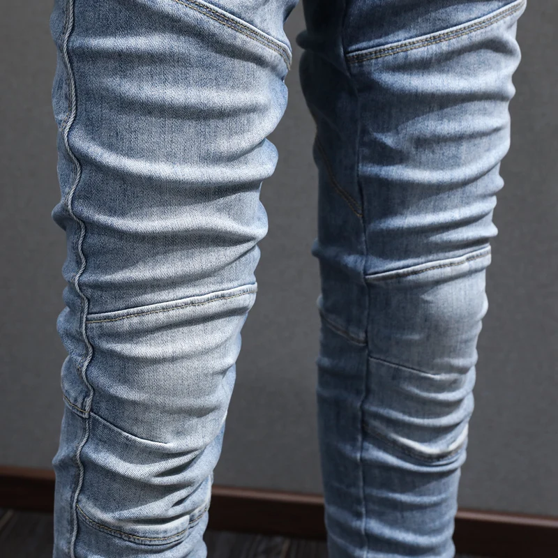 High Street Fashion Men Jeans Retro Light Blue Spliced Designer Biker Jeans Homme Elastic Stretch Slim Fit Hip Hop Pants Men