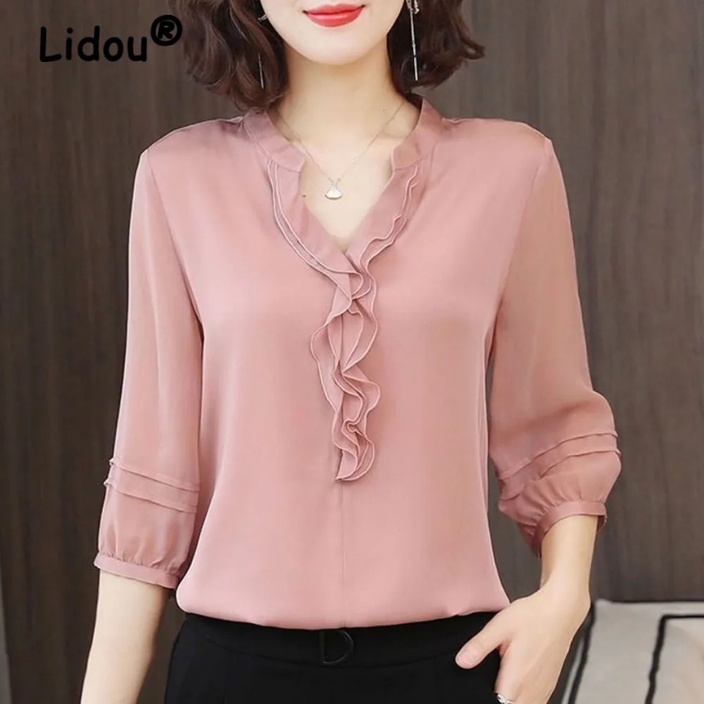 Women Summer Elegant Blouses Fashion Urban Office Lady Loose Chiffon Pullovers Ruffles V Neck Half Sleeve Women's Shirt 2022