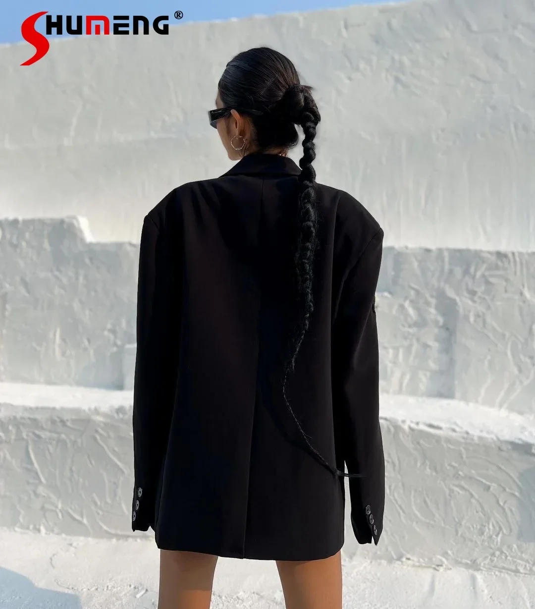 European Crystal Rhinestone Beaded Black Blazer Female 2023 Autumn New Loose Women Suit Collar Long Sleeve Mid-length Suit Coat