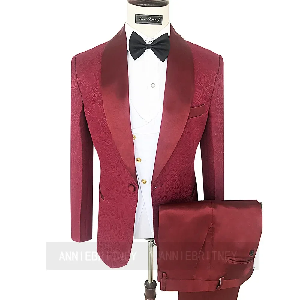 Elegant Jacquard Black Formal Men Suits Wedding Groom Tuxedo Prom Blazers Hombre High Quality Custom 3 Piece Set Costume Homme