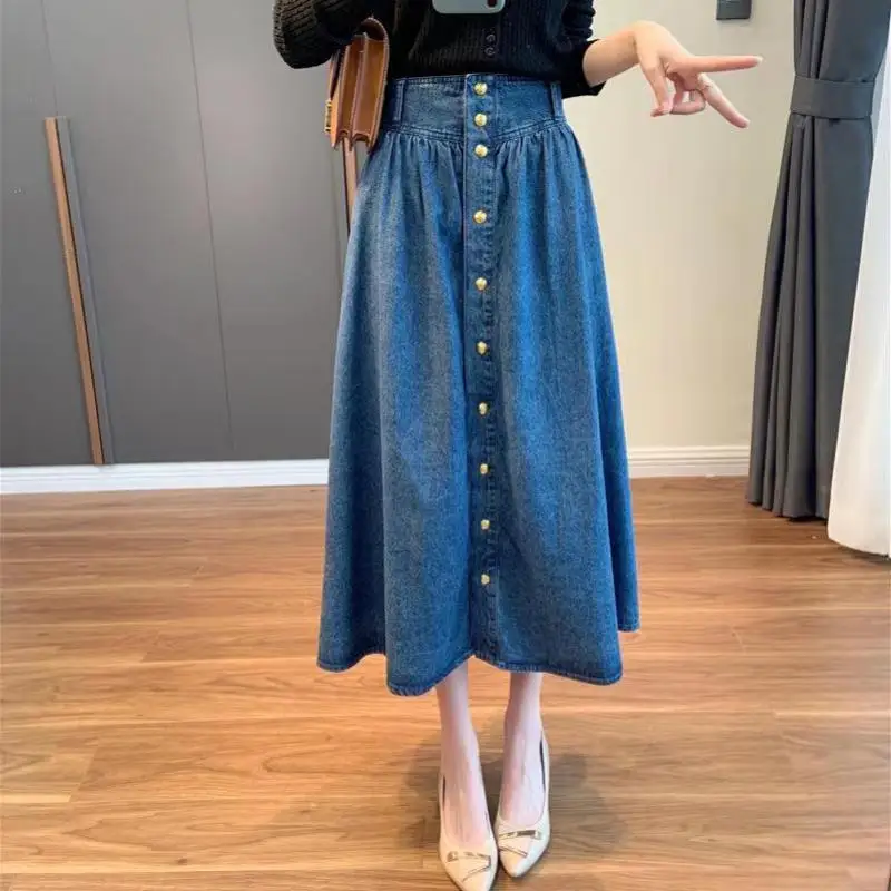 

Summer Elegant Women's A-line Skirts Streetwear Korean Style High Waist Midi Classic Vintage Jeans Skirt Women Slim Casual Falda