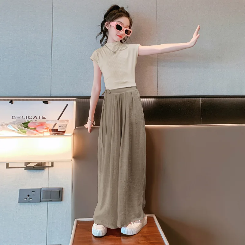 

Summer Teen Girls Clothing Sets Fashion Slim Tops + Wide Leg Pants 2Pcs Outfits Kids Birthday Party Princess Costume 4-12 Years