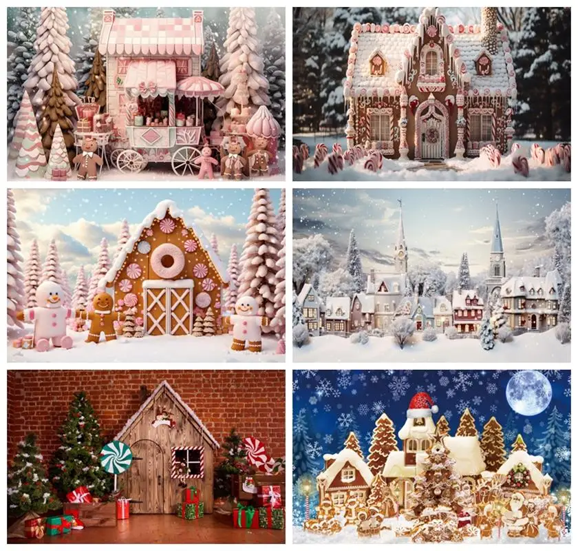 

Laeacco Winter Christmas Village Photography Backdrop Cartoon Pink Gingerbread Cookie House Kids Birthday Portrait Background
