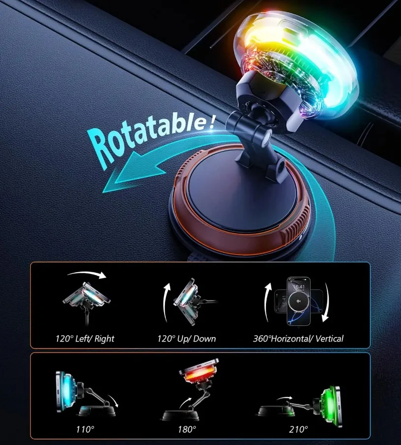 QI2 Cooling RGB Magnetic Wireless Car Charger Fast Charging Radiator Vacuum Suction Cup For Magsafe iPhone 17-12 Phone Holder