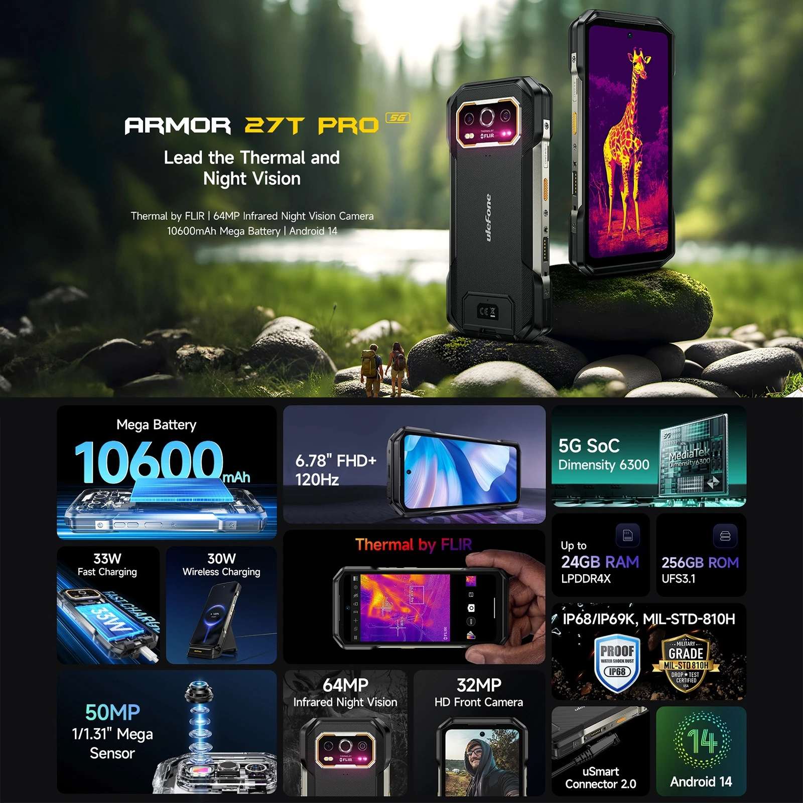 Ulefone Armor 27T Pro Rugged Phone 12GB+256GB 5G 6.78'' Thermal Imaging 10600mAh 33W 50MP+64MP Camera Android 14 NFC Smartphone