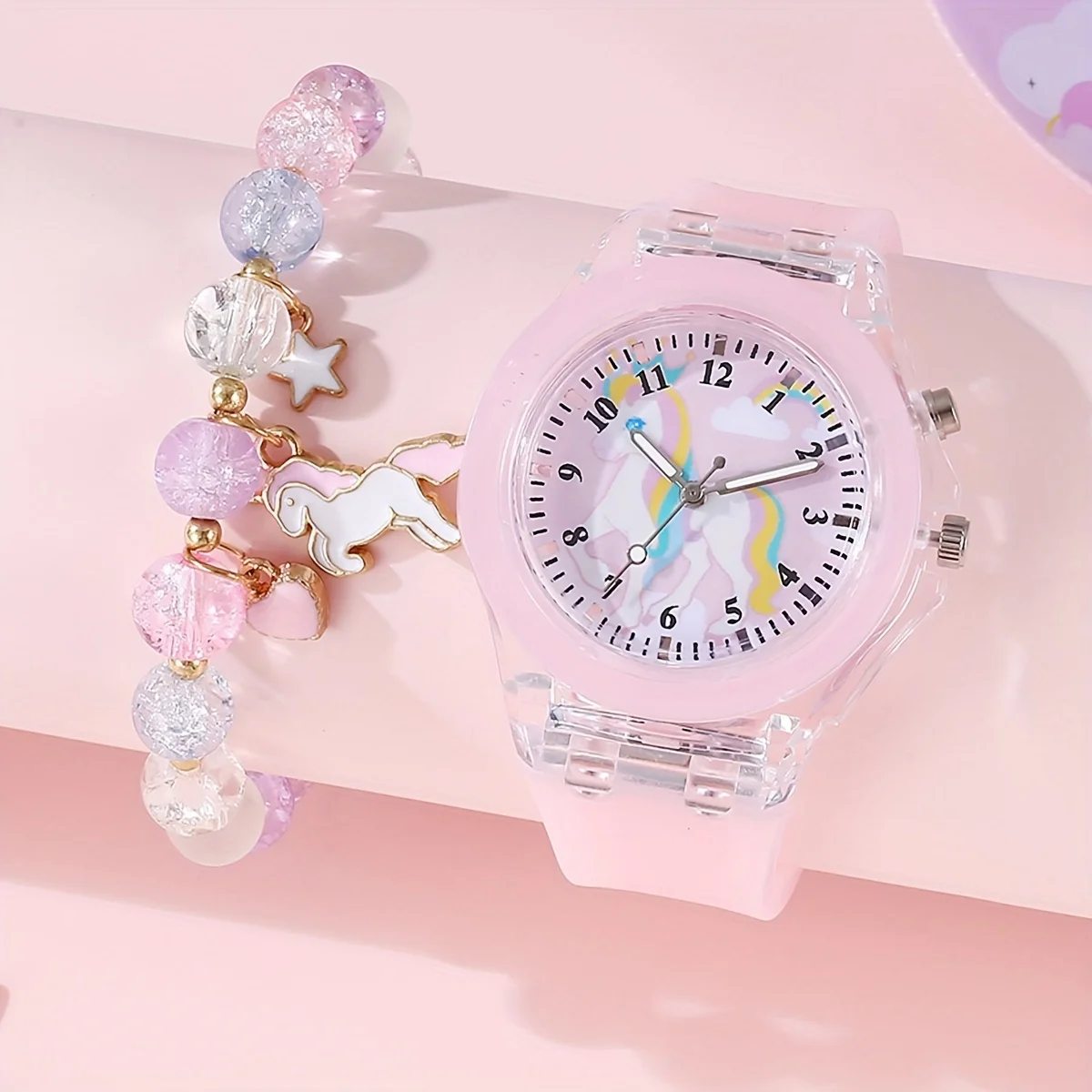 1/2pcs/set, 1pc Girls Light LED Luminous Cartoon Unicorn Quartz Wristwatch & 1pc Beaded Bracelet, Ideal choice for Gifts 2