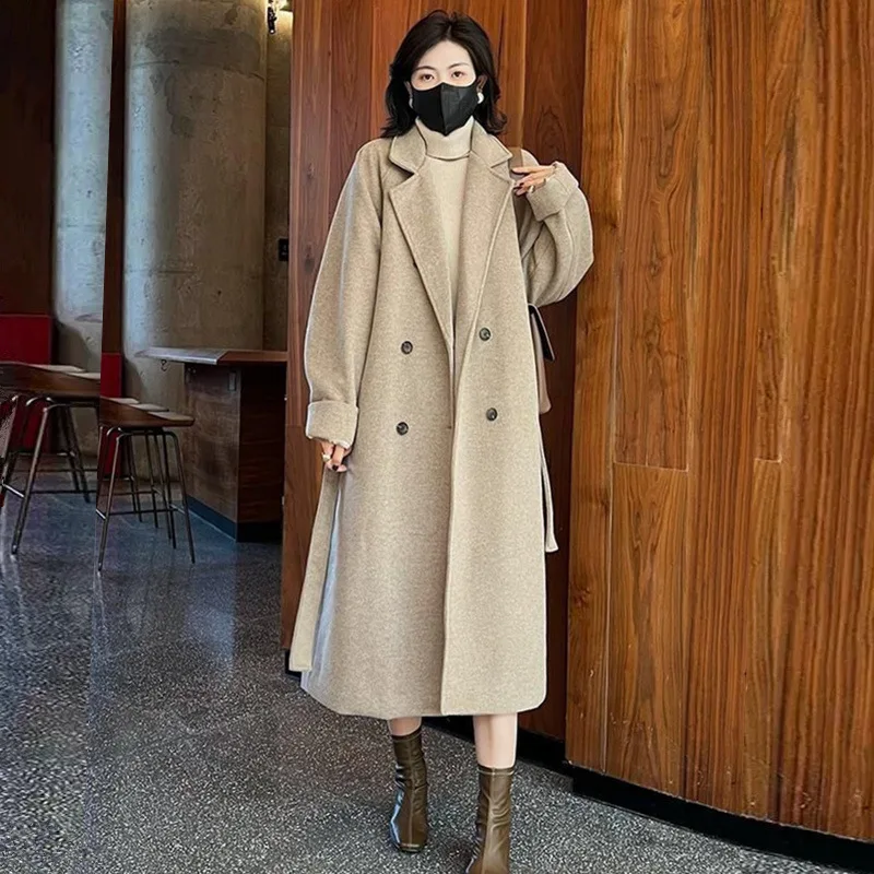 

Solid Casual Double Breasted Woolen Overcoat Turn-down Collar Women High Quality long Coat Winter Loose Jacket Thick Dropshippin
