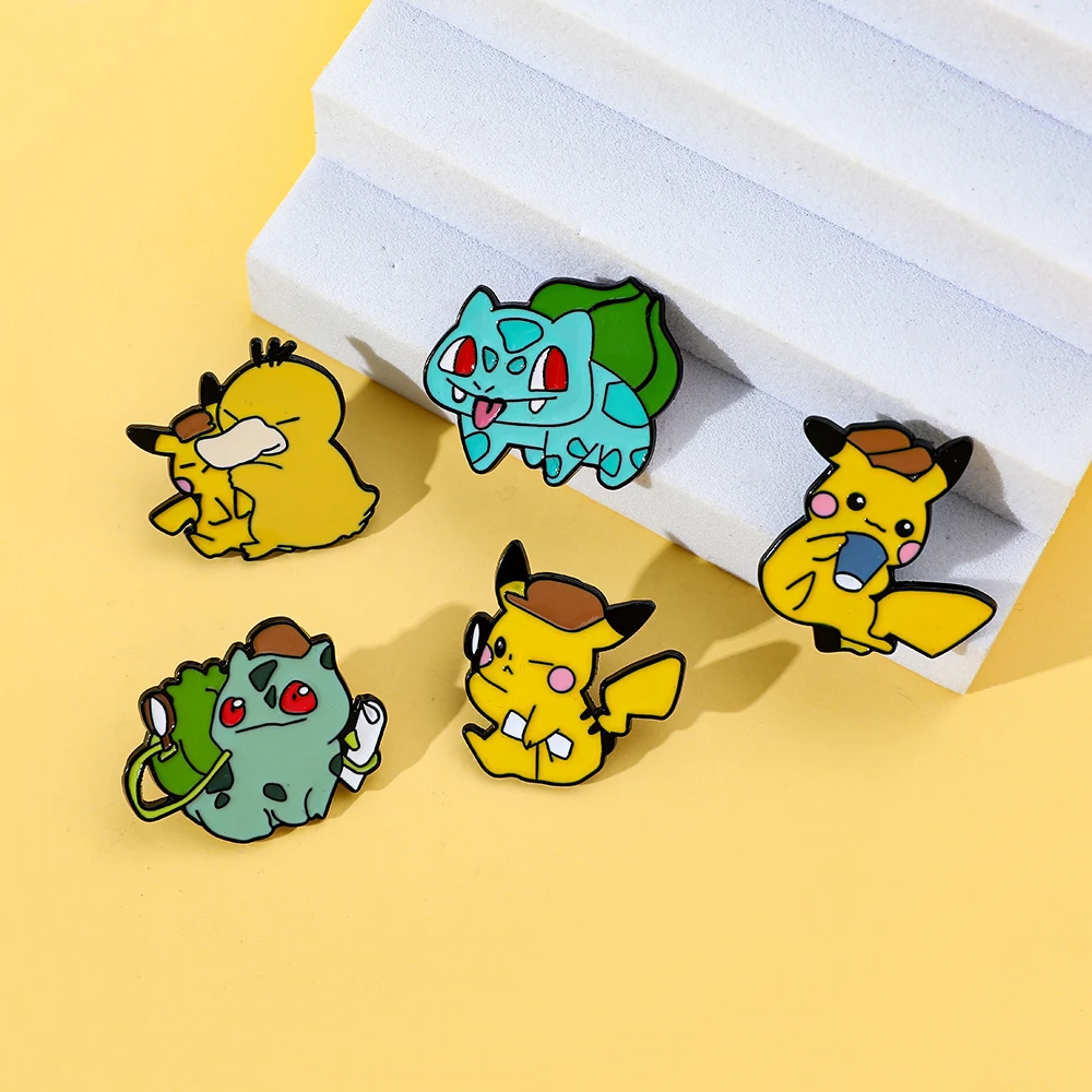 Enamel pins 5 Pcs creative detective Pikachu Bulbasaur Psyduck backpack clothing jewelry metal badge
