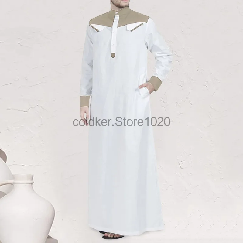 Traditionele Moslim Kleding Contrast Kleur Moslim Jurk Midden-Oosten Jubba Thobe Mode Lange Mouwen Mandarijn Hals Gewaad Voor Mannen