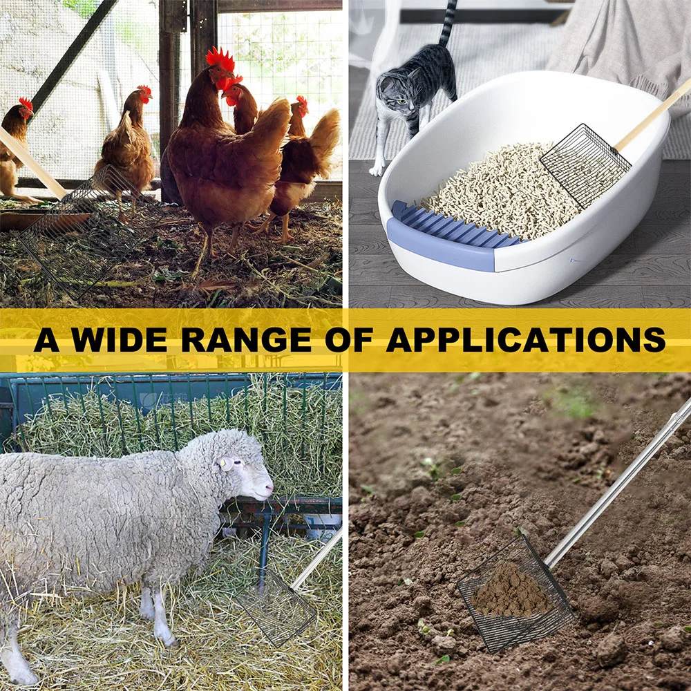 Chicken Poop Scooper Adjustable Length Dog Pooper Scooper Stainless Steel/Wooden Poop Sifting Shovel Efficient Cleaning Tools