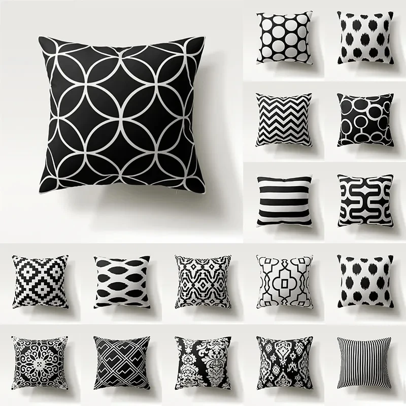 

Geometric Creative Pillowcase Dotted Grid Printed Cushion Cover Striped Square Double Sided Black and White Pillow Cover F1942