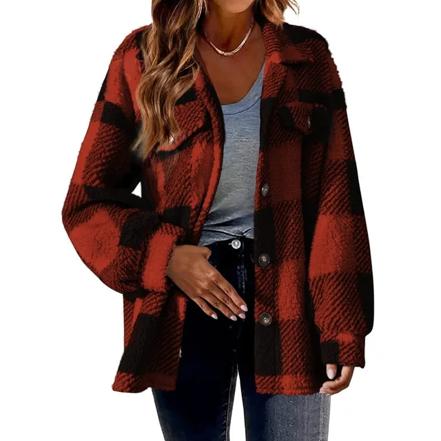2024 Autumn Winter New Women's Clothing Pocket Plaid Lambswool Jacket Button Plush Coat Shacket 5