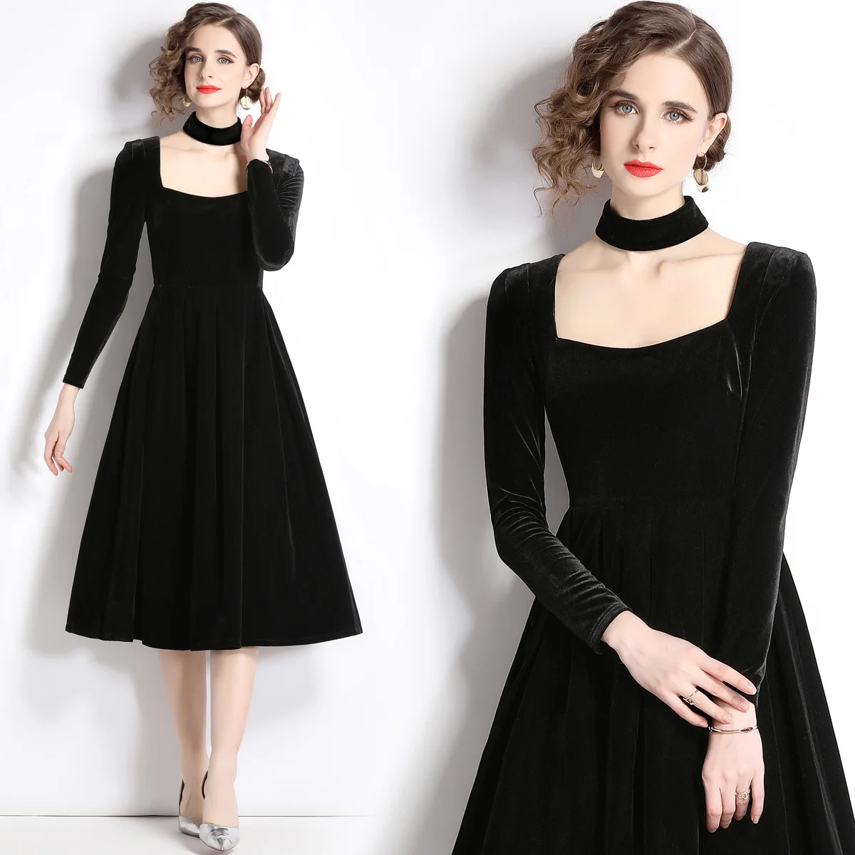 

and Autumn Winter 2023 Square Neck Sexy Black Velvet Long Sleeve Dress French Retro Hepburn Style Simple Waist Slim Skirt