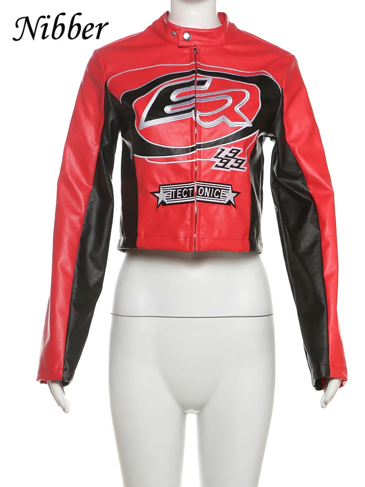 Nibber Letter Patchwork Crop Jacket Women Y2K Zipper Wild Basic Full Sleeve Varsity Uniform Streetwear Casual Locomotive Coat