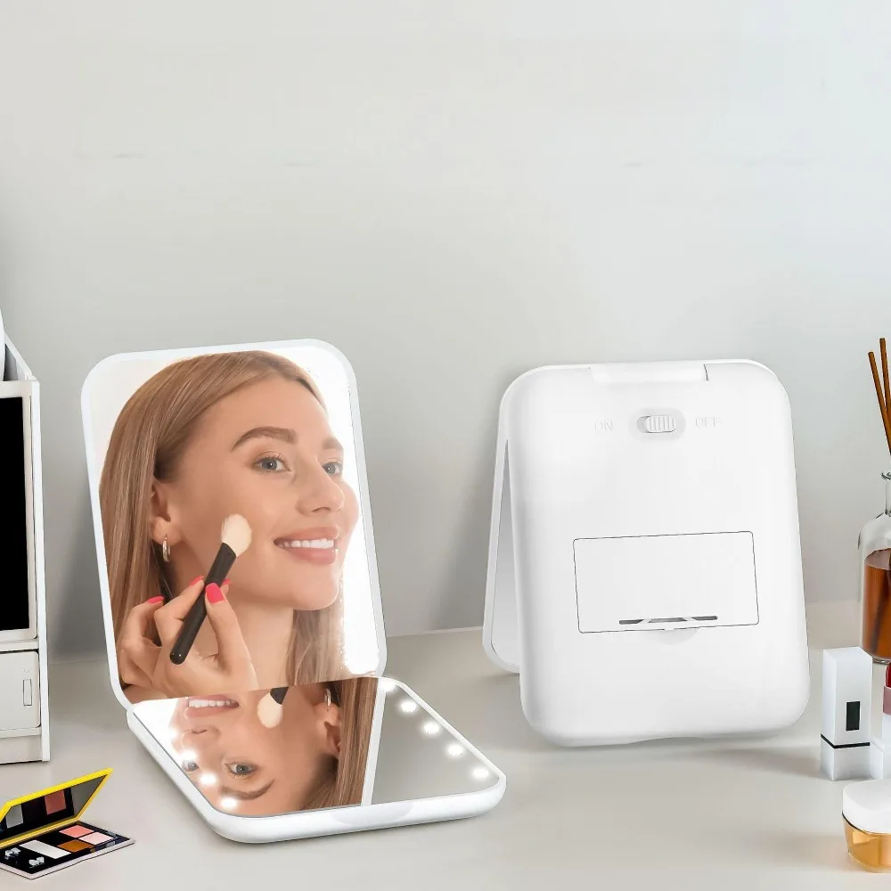 Fashion Square Makeup Mirror 2-Sided Handheld Cosmetics Mirror Folding with LED Lights Compact Pocket Mirror Makeup Tool