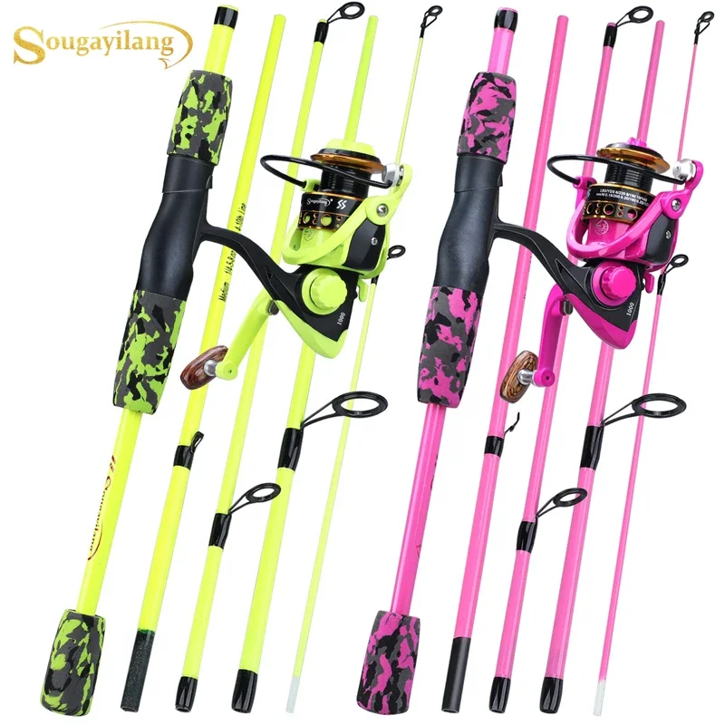 Sougayilang 5 Section Red/Yellow Fishing Set 170cm Fishing Rod and YW/OE1000-3000 Spinning Reel Portable Travel Combo fishing pole set fishing rod fishing rod and reel combo
