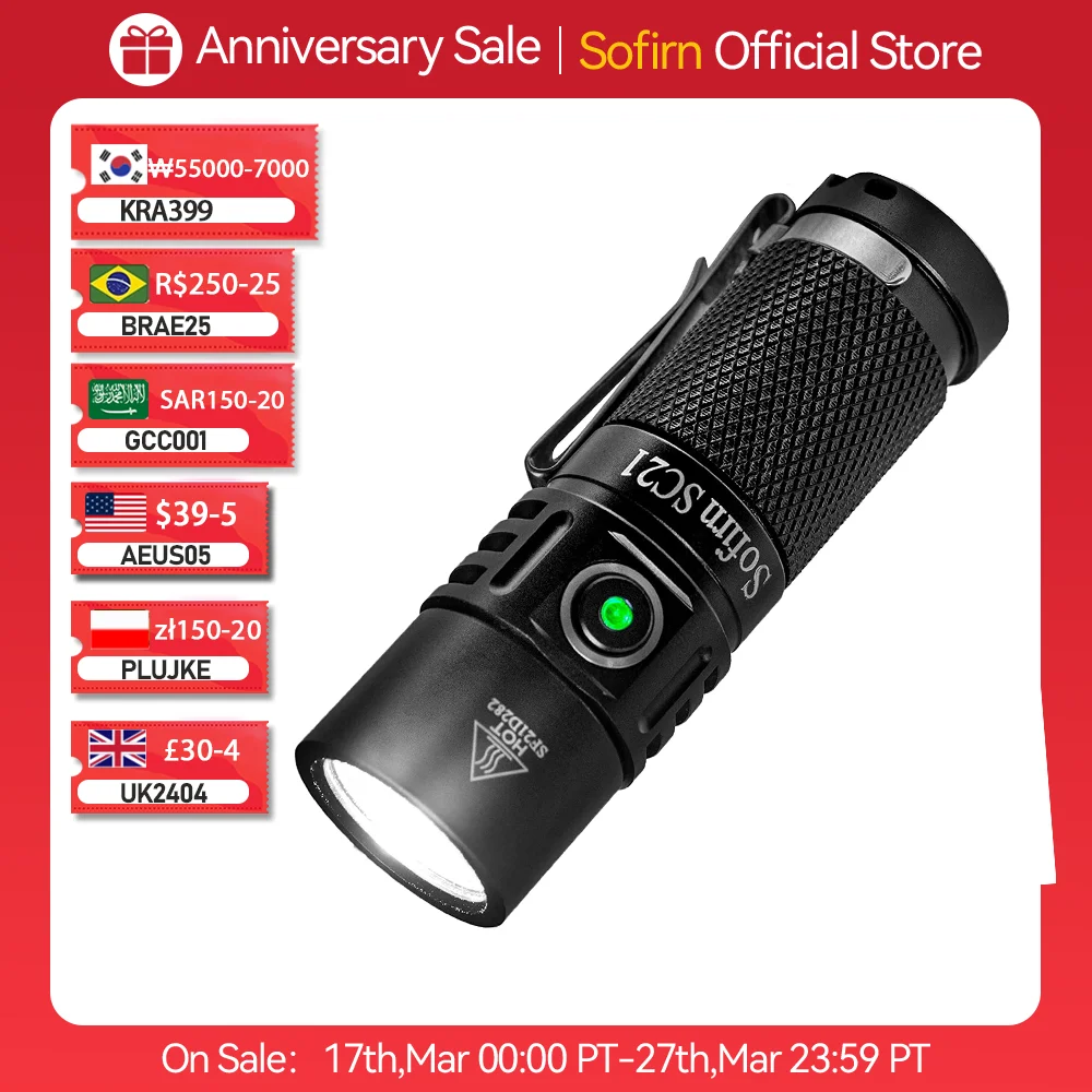 Sofirn SC21 USB C Rechargeable LED Flashlight 16340 Mini Torch 1000LM LH351D 90CRI with Magnet Tail