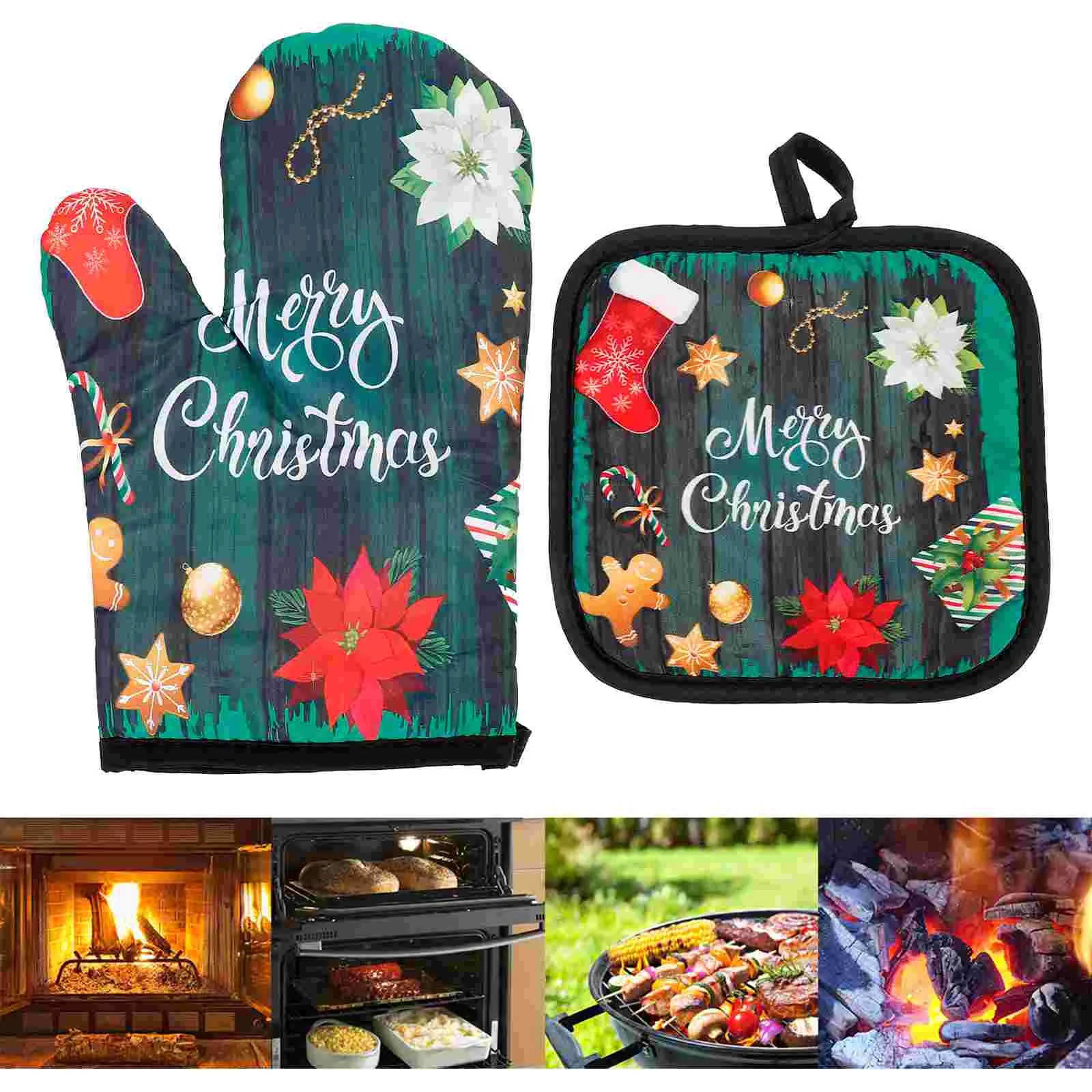 

2 Sets Christmas Oven Gloves High Temperature Pot Towels Polyester Heat Resistant Kit