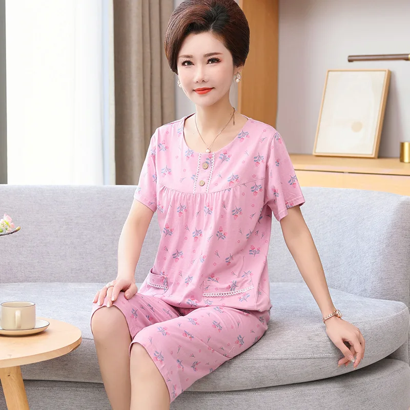 Middle Aged Mother Pajamas Set New Printed Short Sleeve Capri Pants Suit Plus Size Cotton Sleeping Pyjamas Women Nightwear M-3XL