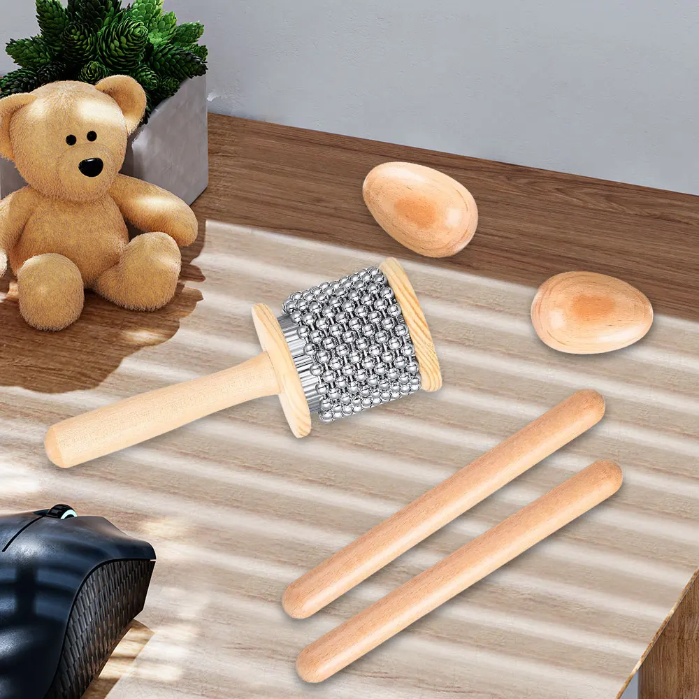 5-piece Set Wooden Percussion Mini Cabassa Stainless Steel Beaded Rhythm Bar Egg Rattle Musical Instrument