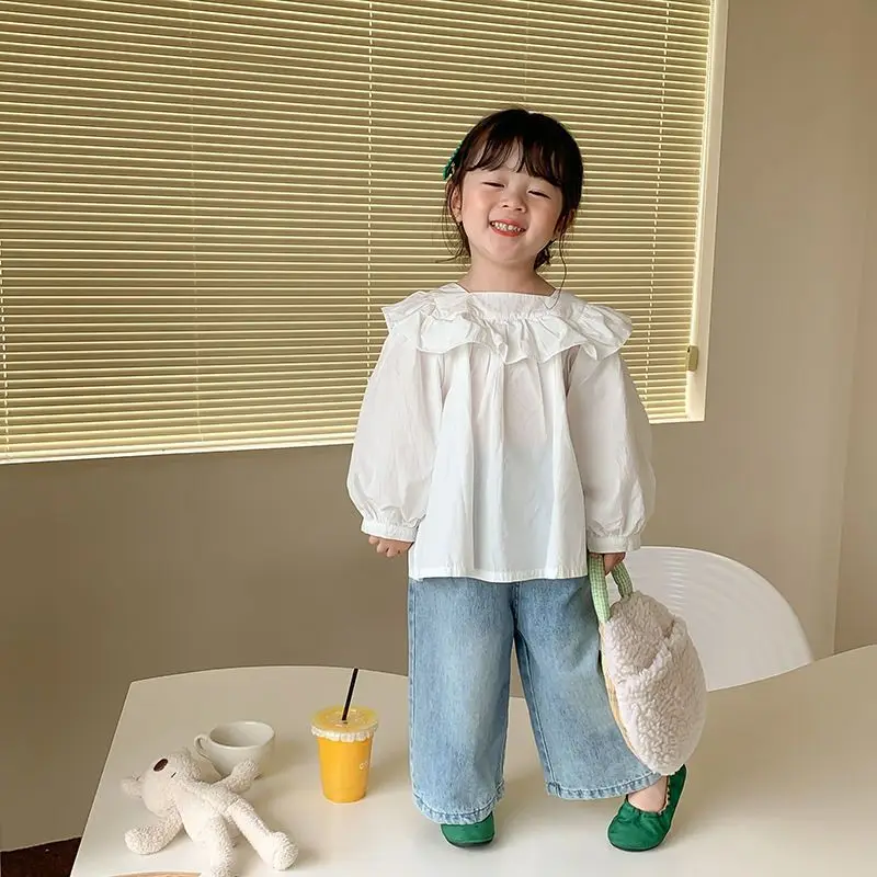 

2023 Summer Korean Style Kids Sets T-shirt Jeans Fashion New Design Loose Wide-leg Pants Simple Casual Soft Pretty for Girls