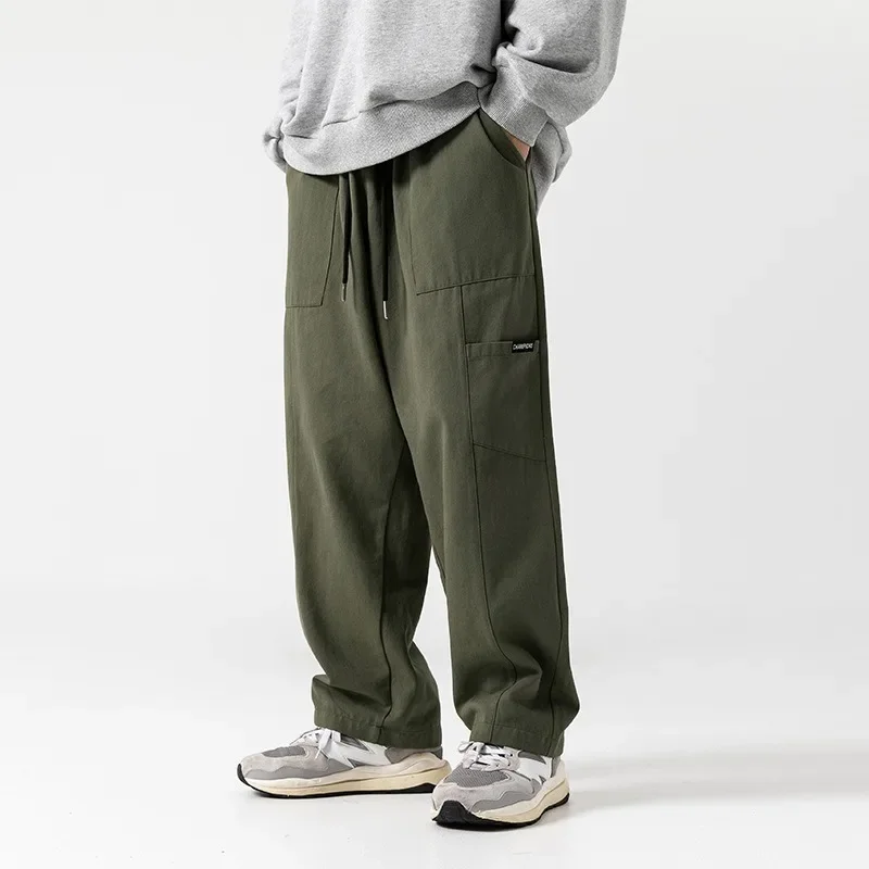 Autumn and Winter Thickening Japanese Work Casual Pants Men 100% Cotton Street Trend Loose Straight Texture Splicing Pants New