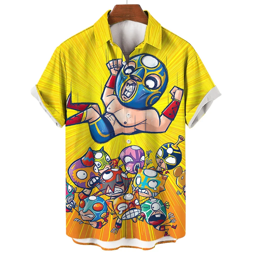 men's shirts Mexican wrestling 3D printed short sleeved shirts Summer Fashion men's clothing Loose oversized Hawaiian shirts 2