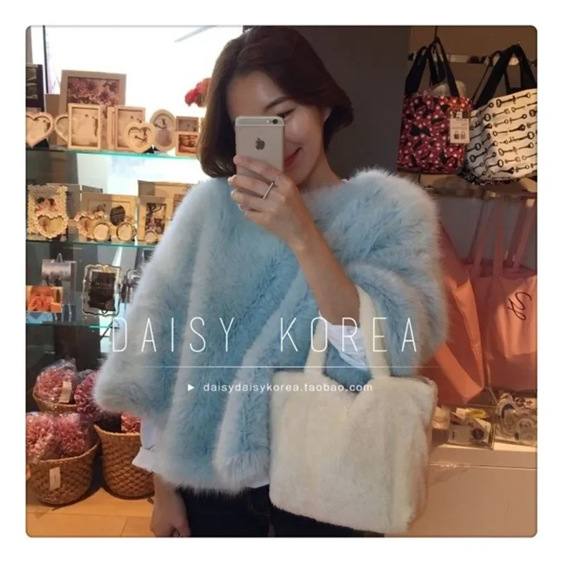 Women Fur Tops Korean Fashion Pure Color Casual Fluffy Rabbit Fur Mink Short  Faux Fur Coat Flared Sleeves Winter Plush Sweater