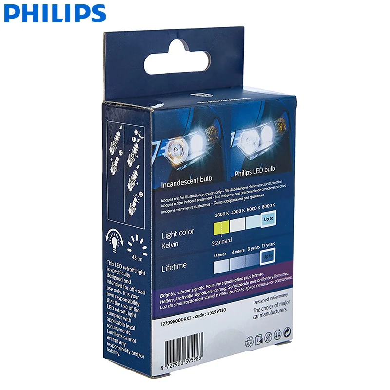 Philips LED T10 W5W X-treme Ultinon Signals 4000K 6000K 8000K Car LED Lamps Bright Interior Dash Light Reading Doors Bulbs, Pair images - 6