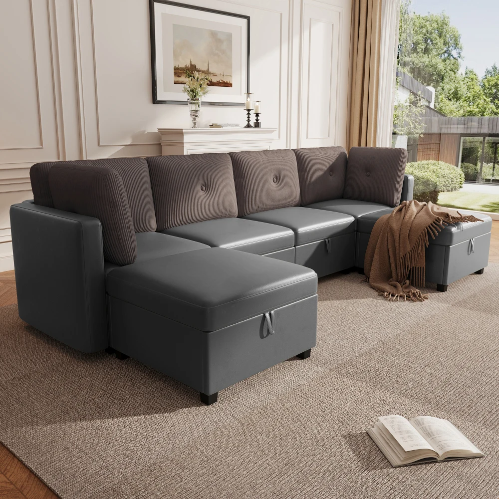Modulares U-förmiges Sofa mit Stauraum, Multifunktionales Wohnzimmer-Ecksofa, Hochdichter Schaumstoff, Samt + Kord-Design – Detail 33