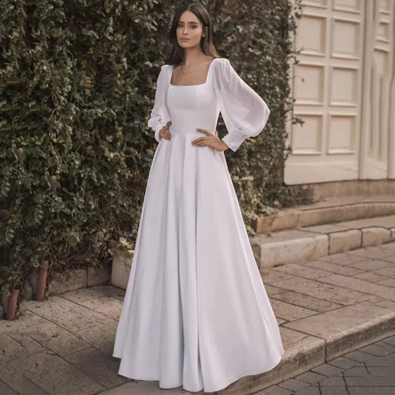 

Ryanth Square Collar Satin Wedding Dresses Long Chiffon Sleeve Beach Bride Dresses Floor Length Custom Backless Vestido De Novia